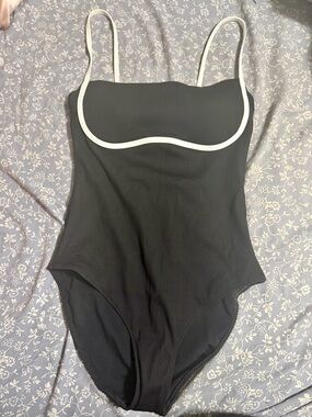 aerie Black One-Piece Swimsuit with White Trim